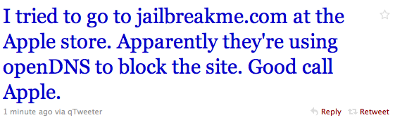 tweet4 Сайт JailBreakMe.com заблокировали в магазинах Apple Store