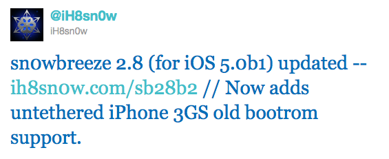 sn0wbreeze 28b2 Вышел отвязанный джейлбрейк iOS 5 для iPhone 3GS со старым бутромом